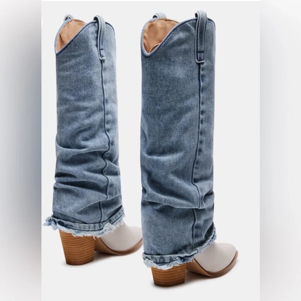 Steve Madden Lassy Denim Cowboy Boot Frayed Hem Western Festival | Size 5M - Picture 3 of 16